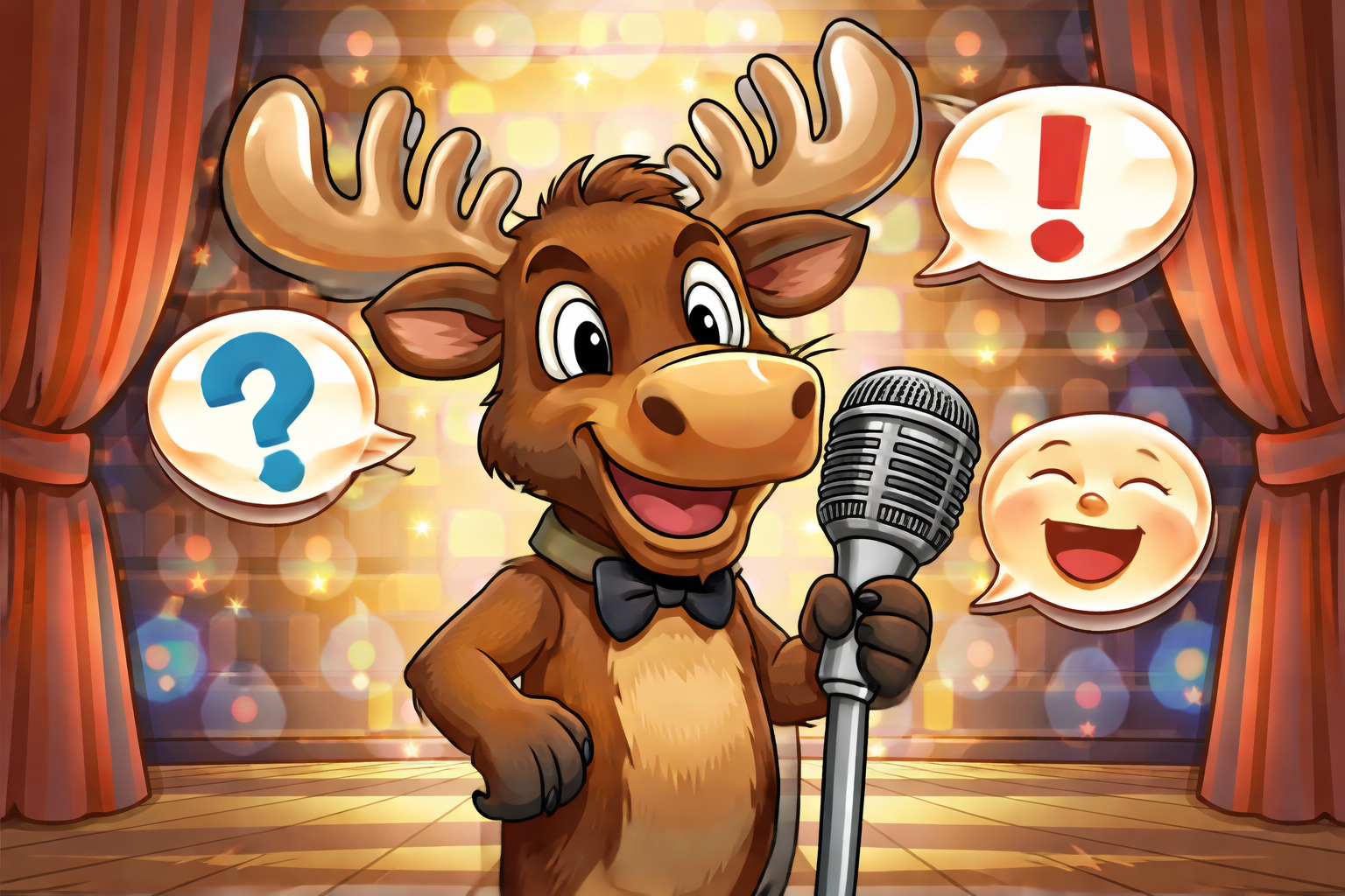 Moose on stage, ready to deliver a punchline!