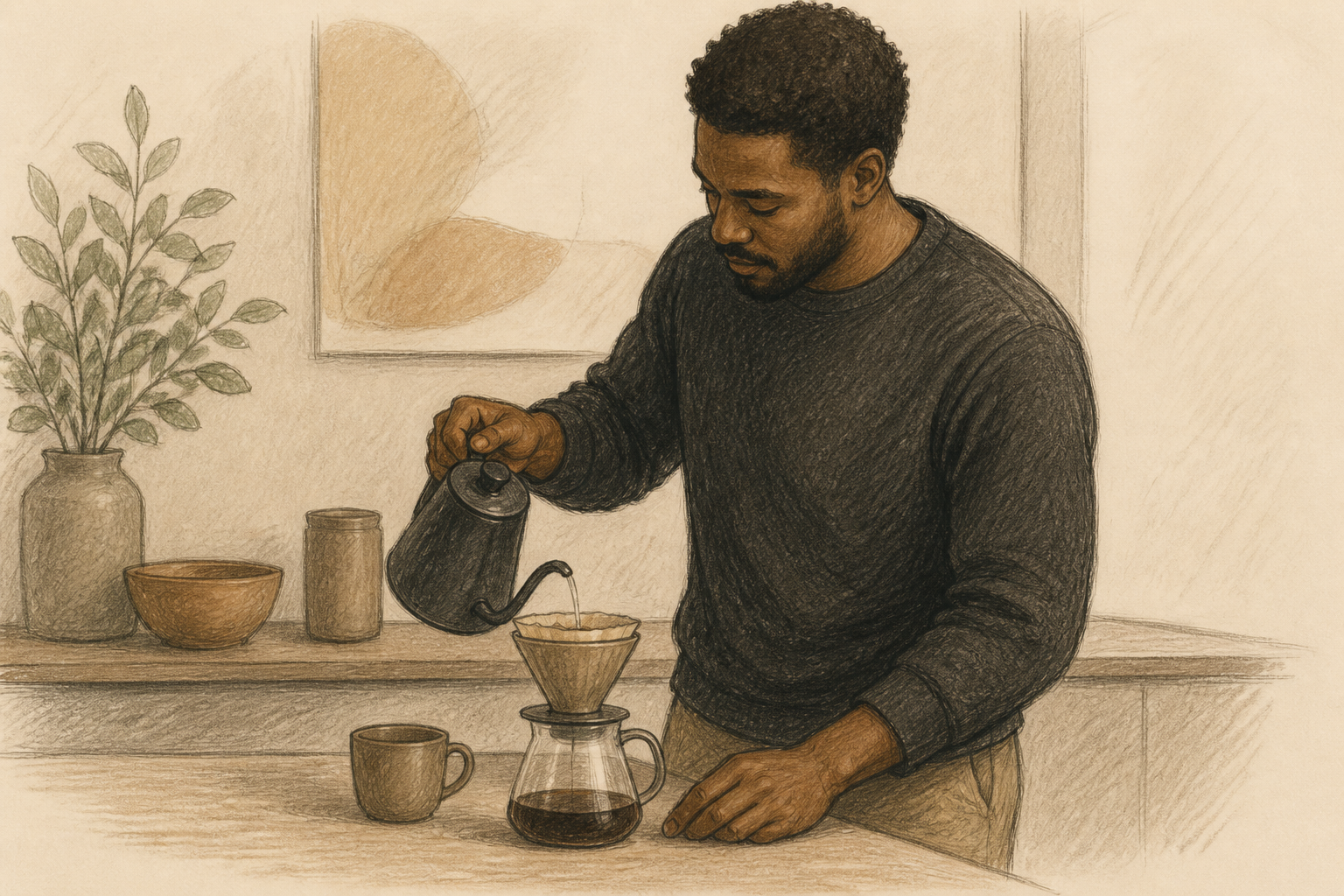 Coffee, sketched in quiet motion, a small reset before the day gets loud.