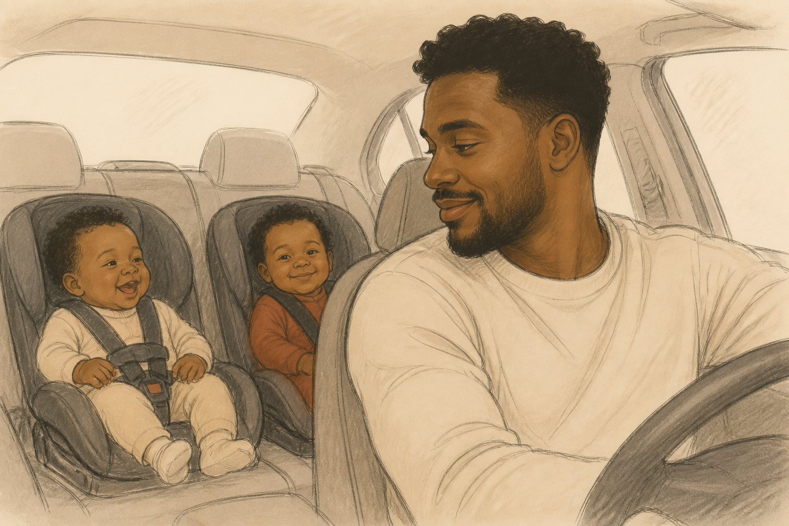 Sketchy car interior, a moment of calm with the kids while we wait, talking and smiling.
